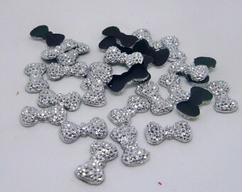 Silver Bows Flatbacks with black backs-12mm-30 PCS.