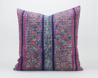 Vintage Hemp Hmong Hill Tribe Textile Indigo Batik Throw Pillow Cushion Cover : 20x20 | Handwoven Handspun Pink Red Rustic Striped Zig Zag