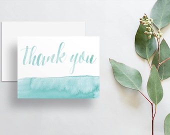 Instant Download Watercolor Calligraphy Thank You Cards / Pale Aqua Seafoam Sea Green Watercolor / Digital Print-at-Home Thank You Card
