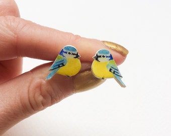 Hand drawn Blue Tit Earrings. Bird Earrings. Stud or Dangle earrings.