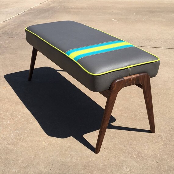 Danish Modern Bench with Vinyl Upholstery and Walnut Legs Mid