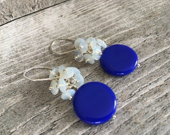 Royal blue glass with opalite cluster on sterling silver hand forged earwires