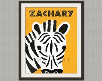 Personalized children art Zebra Print baby nursery art. Safari artwork, jungle art, for kids rooms in blue and orange by WallFry