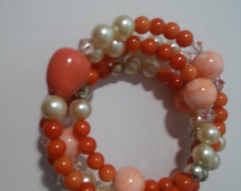 Coral Color Vintage Bead Coil Bracelet