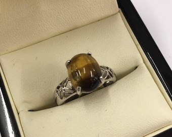 Vintage 9ct White Gold Tigers Eye Ring Size N