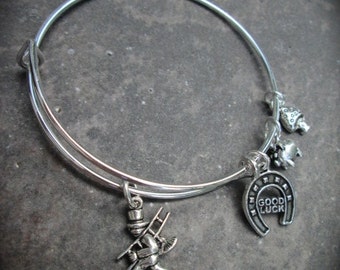 German Good Luck Adjustable Bangle Bracelet withChimney Sweep Horseshoe Pig and Mushroom charms German Jewelry