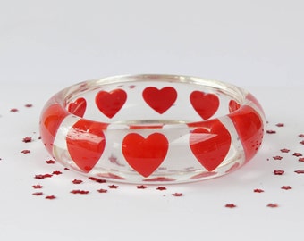 BANGLE, RESIN, CLEAR, red, clear resin bangle with red hearts, gift idea for wife, gift idea girlfriend, romantic gift, red and clear bangle