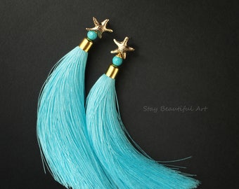 Blue Silk Tassel Earrings with Turquoise Gemstones and Gold Plated 925 Sterling Silver Post Earrings Summer Jewelry