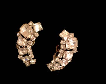 Vintage Weiss Rhinestone Earrings Signed Weiss 1940's Clipon Earrings Cluster Rhinestone Earrings Wedding Jewelry Somethiing OLD