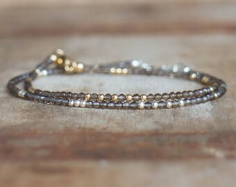 Skinny Smoky Quartz Bracelet in Gold or Silver, Delicate Smokey Quartz Bracelet, Stacking Bracelets, Beaded Gemstone Bracelet