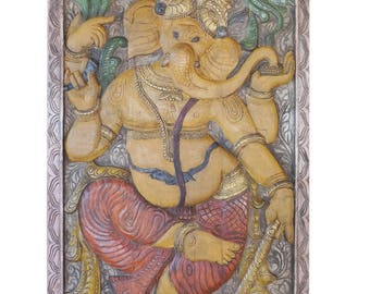 Vintage Indian door Antique Hand Carved Ganesha Sculpture Root CHAKRA Yoga Zen Grounding Prosperity Panel, Wall Decor ,72x36