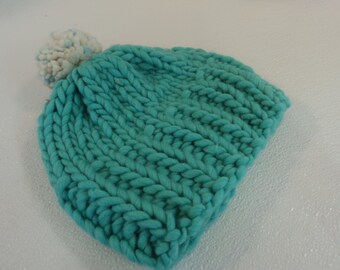 Handcrafted Knitted Hat Beanie Aqua Pom Pom Slouchy 100% Merino Wool Female