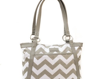 Chevron Laptop Bag in Gray and White Chevron - Laptop Bag, Laptop Tote, Coated Canvas and Vegan Leather