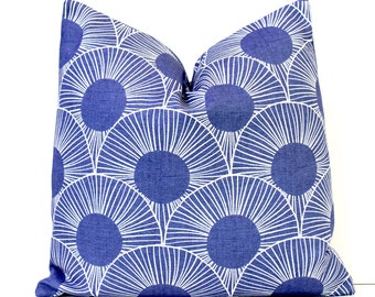 Blue Modern Deco Designer Pillow Accent Cushion Cover hollywood regency white royal cobalt geometric circles scallop mod art deco bright