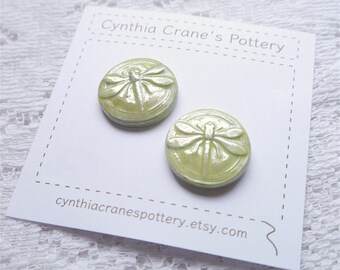 Set of 2 Round Porcelain Clay Shank Style Buttons, Lime Green with Dragonfly Detail, Pearlescent Luster Glaze