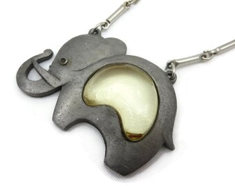 Jelly Belly Elephant Necklace - Pewter, Lucite Jelly Belly, Costume Jewelry