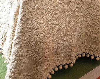 Vintage Gold Chenille Bedspread- Mid Century- Bates Woven Cotton Chenille Bedspread with Pom Pom Trim