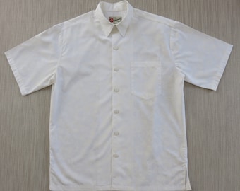Hawaiian Wedding Shirt HILO HATTIE Aloha Shirt White on White Hibiscus Floral Print Special Occasion Mens Camp - M - Oahu Lew's Shirt Shack