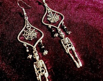 Skeleton Earrings With Cobweb - gothic skeleton skull cobweb spider spiderweb vampire