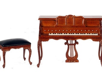 1:12 Scale Miniature Chopin Walnut/Mahogany Piano and Stool Set