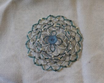 Blue, Clear, While, and Pearl Beaded Kippah/ Yarmulke with Flower Center