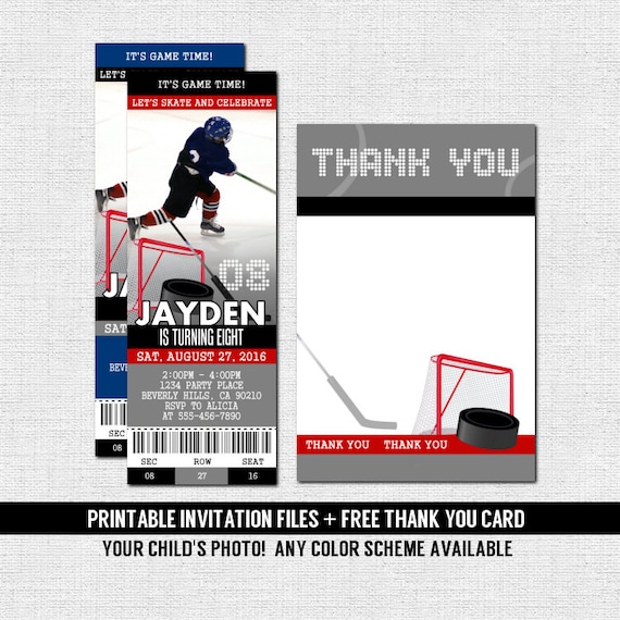 HOCKEY TICKET INVITATIONS Skate Birthday Party Bonus Thank