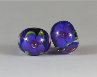 Purple Flowers - Matching Pair of Lampwork Beads handmade by DKS Lampwork