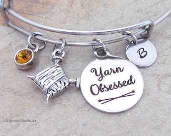 Yarn Obsessed Knitting Needle Yarn Personalized Hand Stamped Initial Birthstone Knitting Charm Stainless Steel Bangle