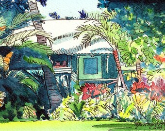 Kauai Plantation Cottage, kauai giclee print, tropical house art, vacation art, plantation house art, waimea kauai
