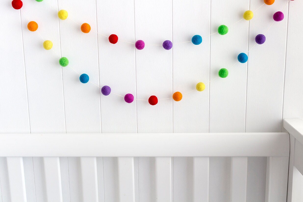 Wool Felt Ball Garland. Rainbow Pom Pom Garland. Kids Room