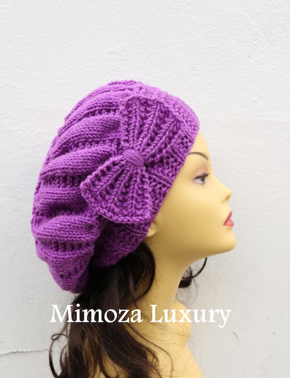 Lilac Woman Hand Knitted Hat with Bow, Lilac Beret hat with bow, Lilac knit hat, purple slouchy knit women's hat with bow, lilac winter hat