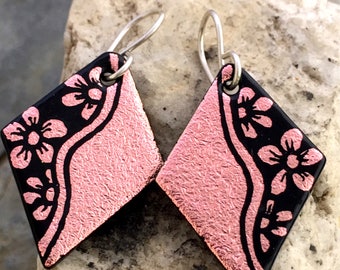Salmon Flowers Hand Etched Dichroic Earrings Fused Glass & Sterling Silver Handmade Wires