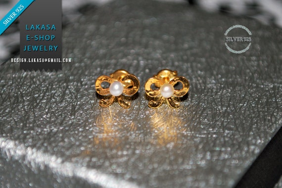 Freshwater Pearls cute Bow Studs Earrings Sterling Silver 925 Gold-plated Handmade Jewelry Princess Girl Anniversary Birthday Woman Gift