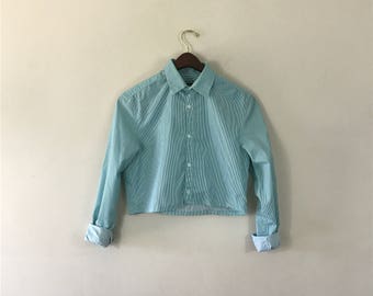 Crop Top, Repurposed Blouse, Women's Medium, Green Stripes, Long Sleeve Button Up