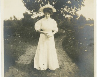 vintage photo 1909 Young Woman Holds Box Fudge on Banks of Otter Creek