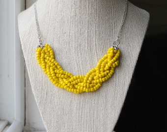 Yellow Statement Necklace, Yellow Braided Bead Necklace, Yellow Multistrand Necklace