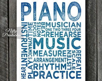 Piano Print - Piano Art - Piano Typography - INSTANT DOWNLOAD Piano Poster Print - Blue Music Wall Art - Piano Gifts - Pianist Gifts