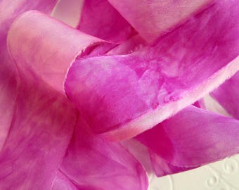 Pink Silk Ribbon - Torn Edge - Hand dyed - Gift Wrap Ribbon - Nuno Felting Supplies