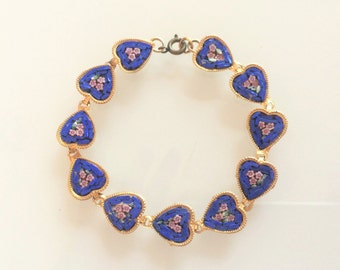 Vintage Gold Tone Multi Floral Heart Micro Mosaic Bracelet
