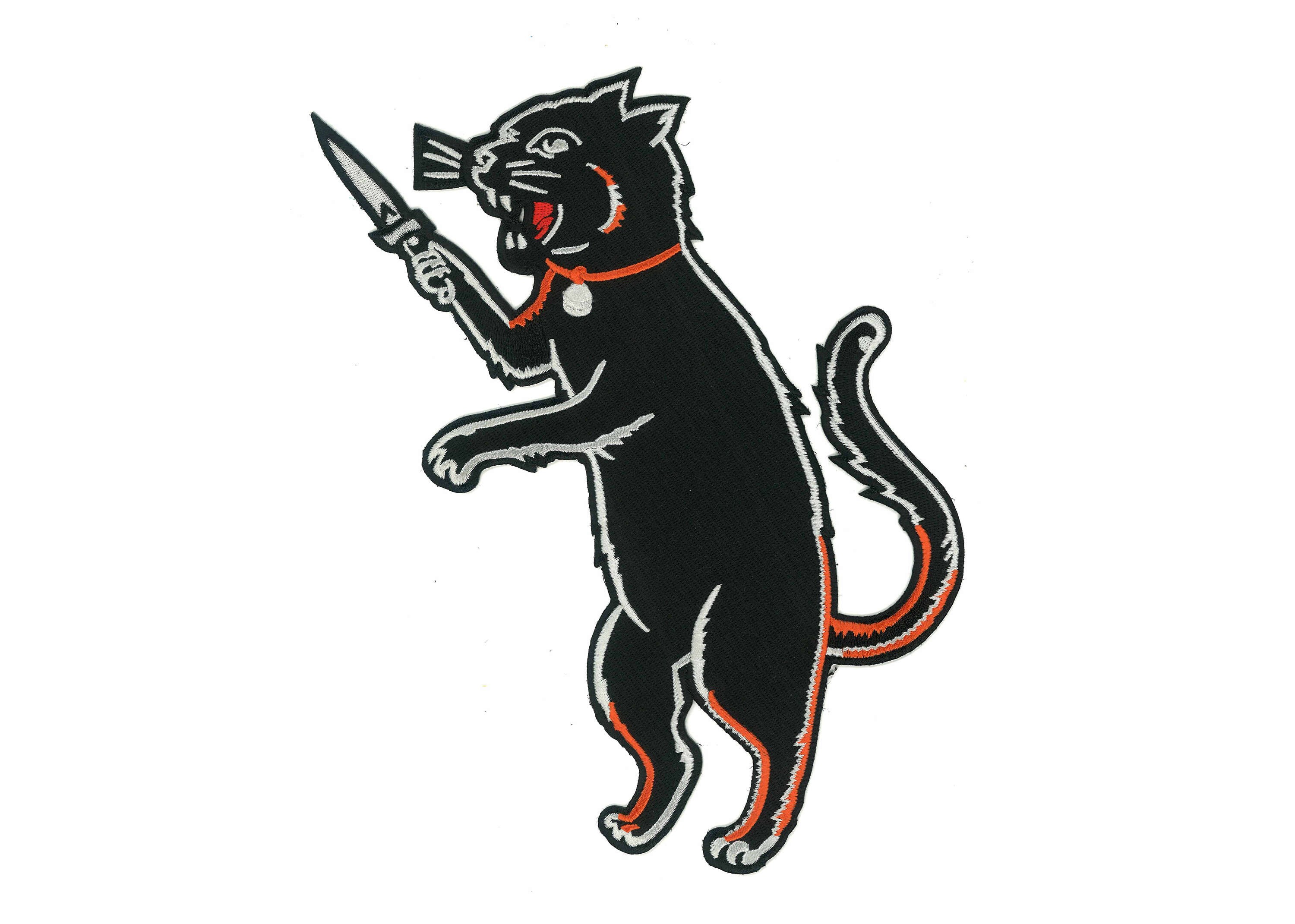 GIANT Back Jacket Patch Iron Black Cat Switchblade dagger GIANT Back Jacket Patch Iron Black Cat Switchblade dagger