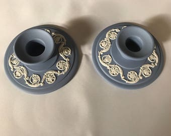 Vintage Wedgwood Blue Jasperware Candlestick Holders