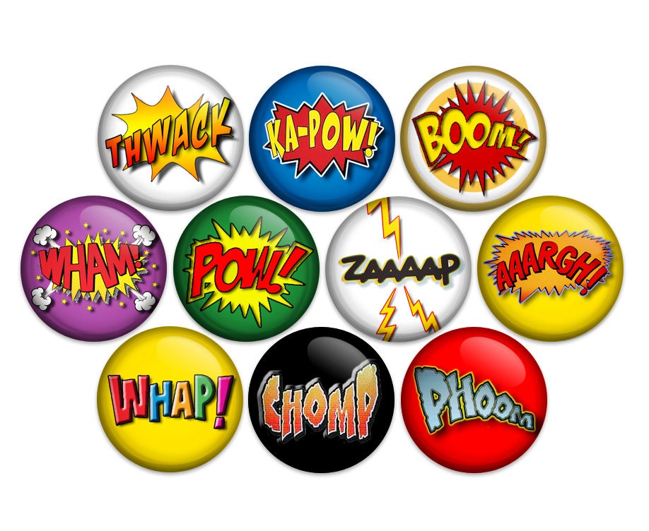 Superhero Comic Sound Effects Button Pin Back or Magnet Comic