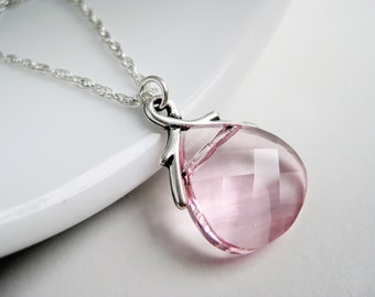 Collana rosa pallido, pendente di cristallo Swarovski, gioielli donna, argento sterling, collana di cristallo rosa, fatto a mano
