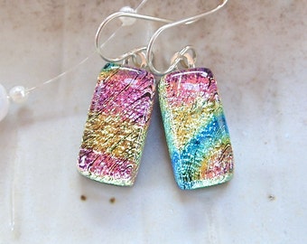 Petite, Dichroic Glass Earrings, Glass Jewelry, Dangle, Pink, Yellow, Blue, A1