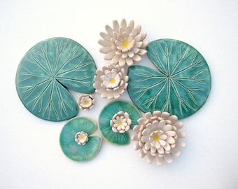 Lily pad coaster Handmade ceramic Waterlily green leaves and white flowers