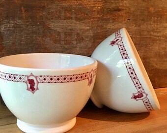 Footed Chili Bowl or Nappie with Red Geometric Border and Silhouette by Walker China Bedford, Ohio 1933