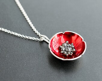 Sterling silver poppy pendant, mother gift, flower necklace, enamel jewelry, enamel pendant, red flower pendant, gift for women