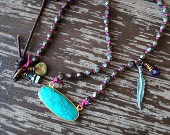 Dainty Boho Necklace - Leather - Woodland Jewelry - Turquoise Pendant Necklace - Earthy Rustic Necklace - Beaded Knotted - Bead Soup