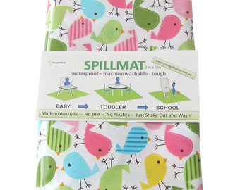 Splat Mat waterproof high chair mat washable messy mat laminated cotton baby gift australia pink birds