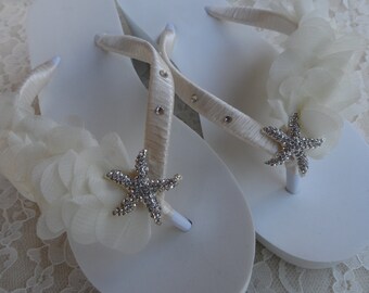 Bridal Wedge Flip Flops / Chiffon Leaf Flip Flops / Starfish Rhinestone Flip Flops / Dance Flip Flops / Bridal Sandals / Beach Flip Flops .